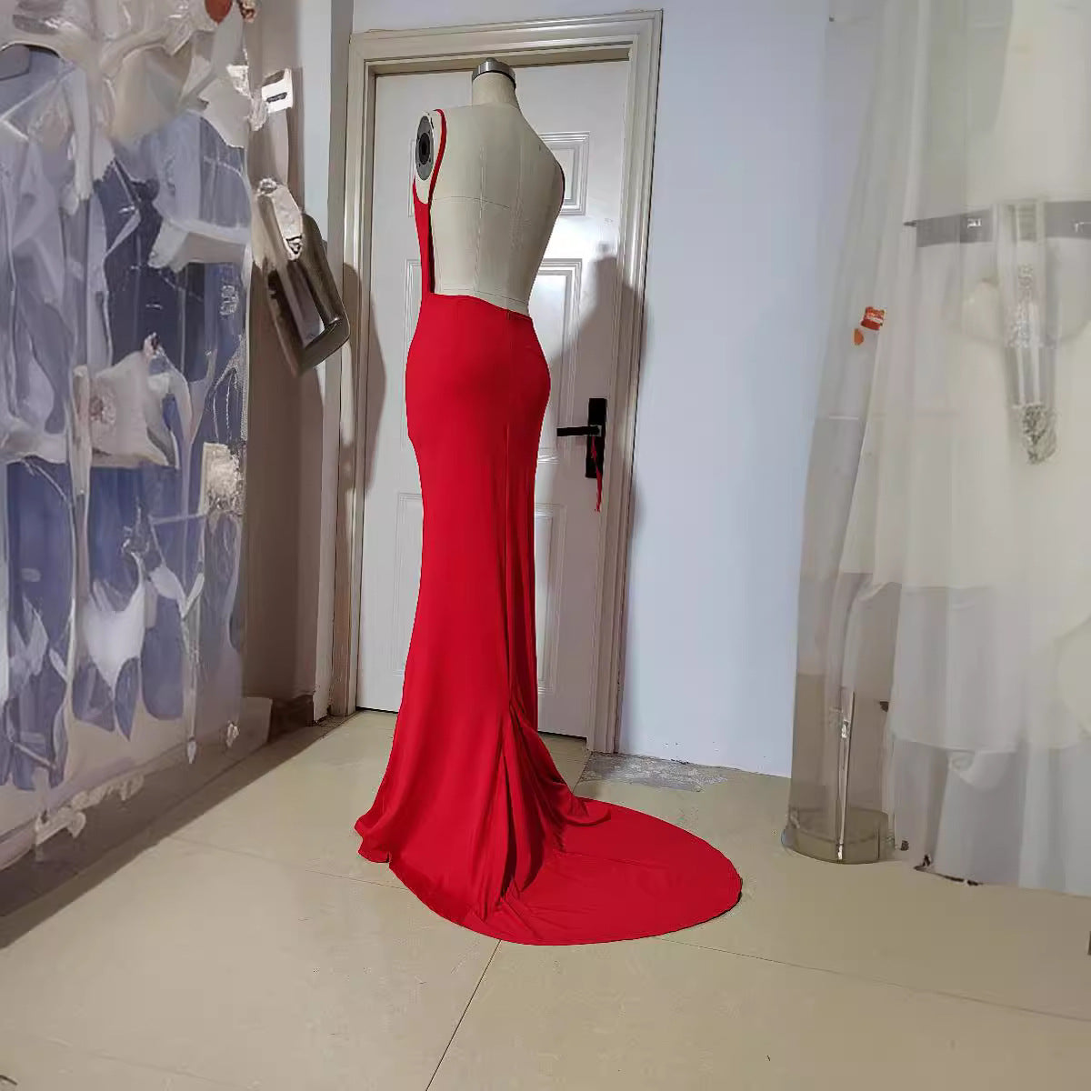 Spring Summer Women 's Strap V-Neck Low Back Long Dress 5