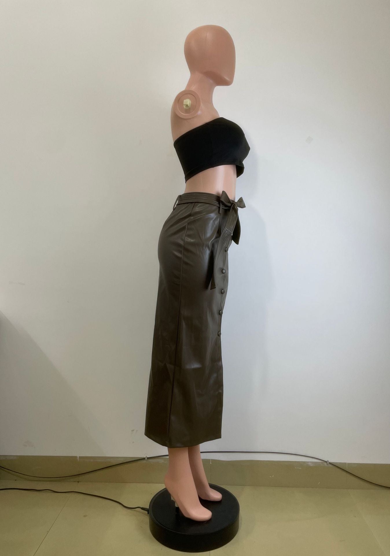 Autumn And Winter Mid-Length Black Pu Buckle Slit  Casual Leather Skirt With Belt 25