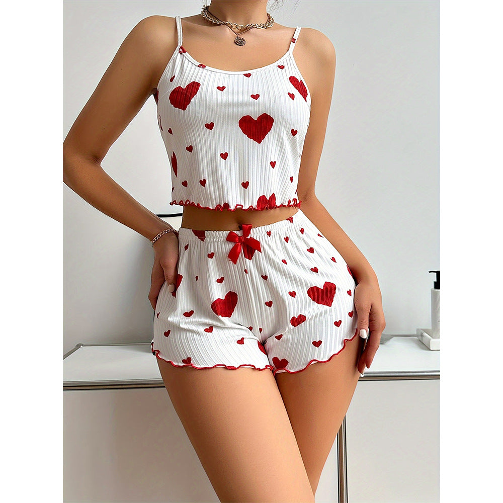 Sexy Home Clothes Suit Heart Print Pajamas Strap Vest Shorts Two-Piece Set