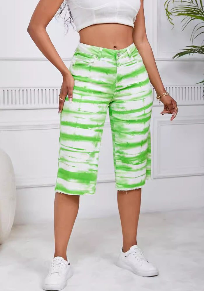 Women Tie Dye Straight Stretch Ripped Denim Cropped Pants Straight Leg Pants