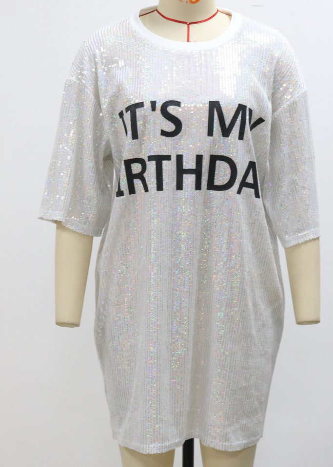 Women Round Neck Half-Sleeve Loose Sequin Print Dress 11