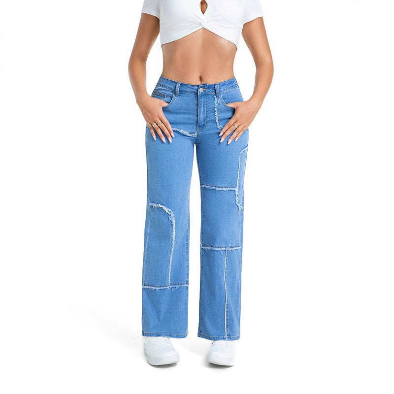 Straight-Leg Solid Color Casual Loose Mid-Rise Jeans