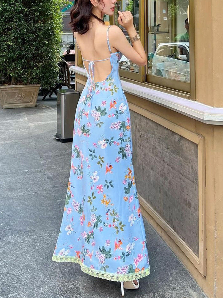 Floral Strap Sexy Low Back Slim Long Dress 4