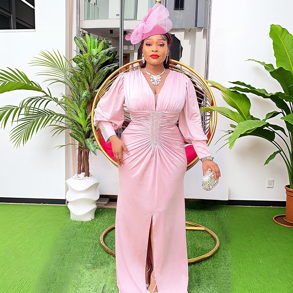 Elegant Solid Color Long Sleeve High Waist Formal Party Plus Size Dress Dubai Winter African Women's Clothing 3