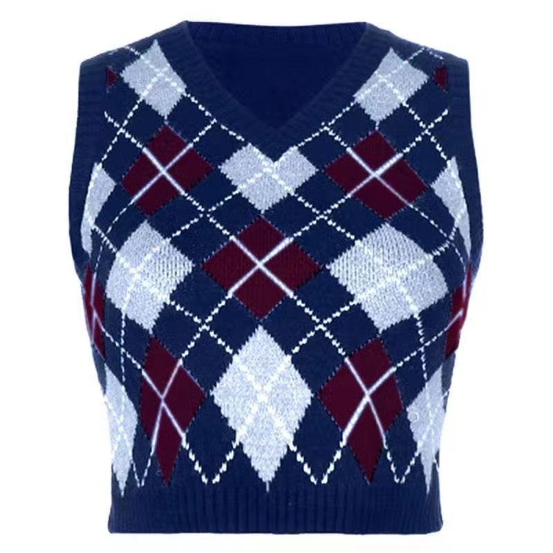 Women Solid Plaid Sleeveless V-Neck Sweater 12