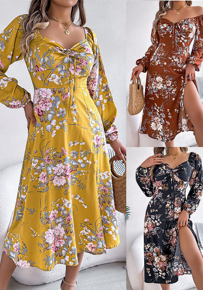 Women Spring and Summer Sexy Tie Knot Flower Long Sleeve Slit Dress