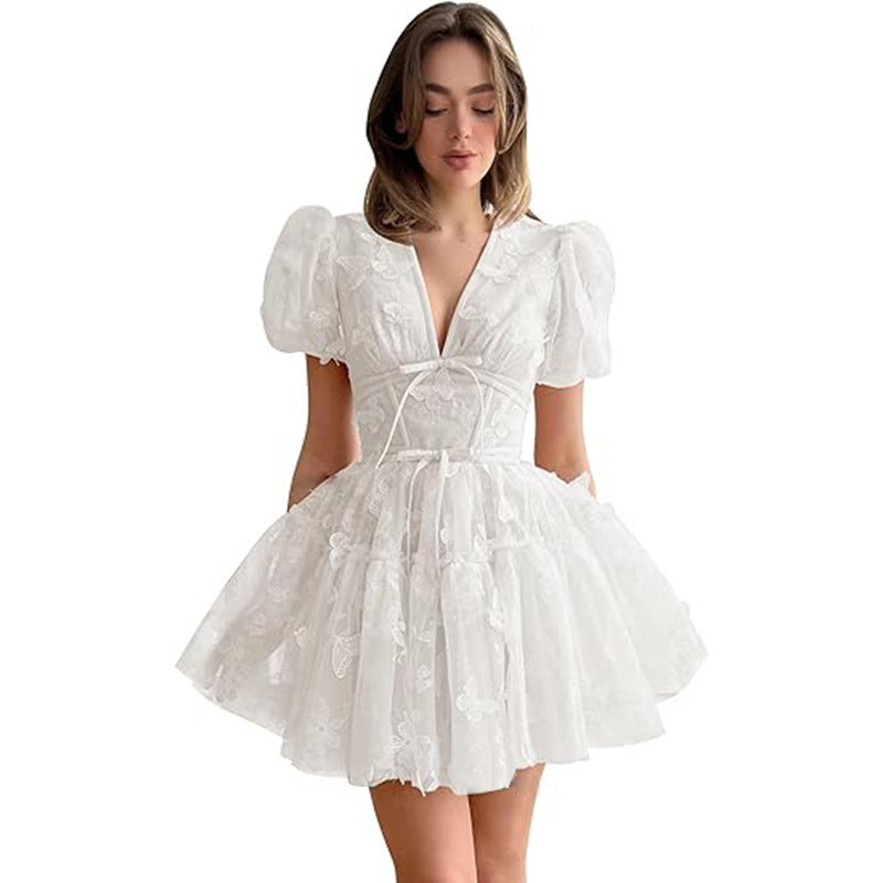 Women bridesmaid dress with flower V-neck short-sleeved dress 16