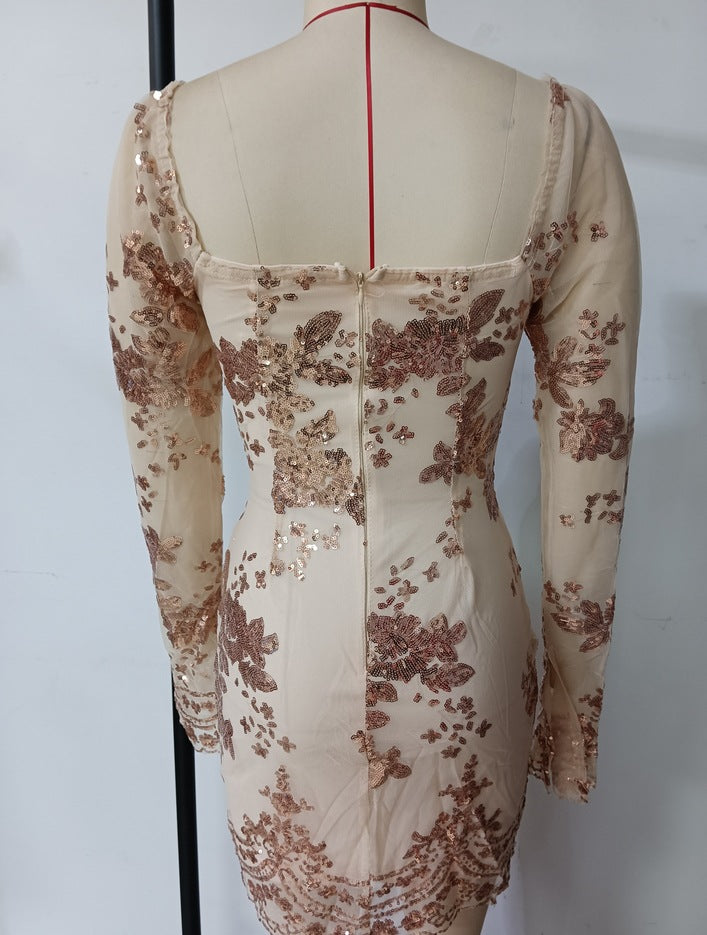 Women Sexy Long-Sleeved Backless Square Neck Sequined Bodycon Dress 8