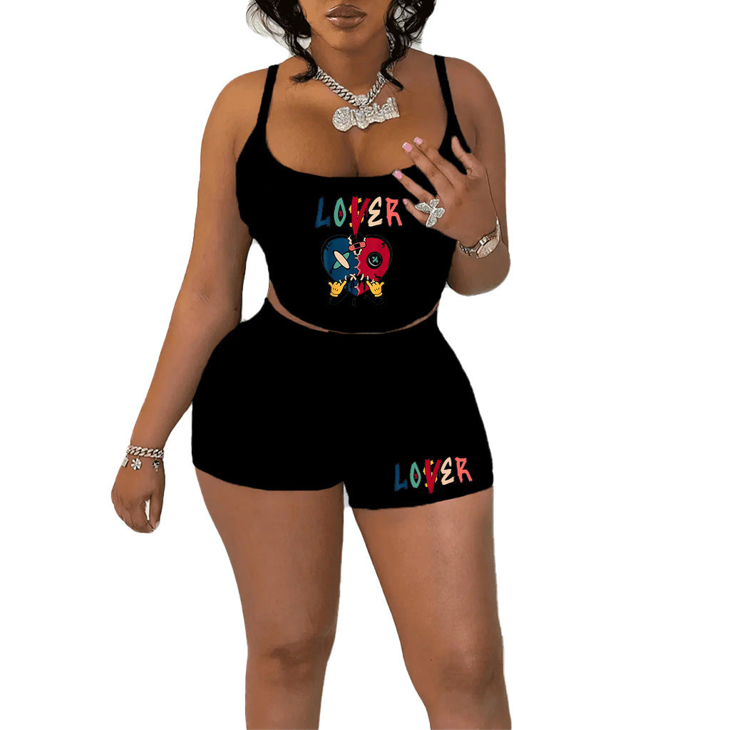 Summer street fashion women's Strap Vest shorts two piece set