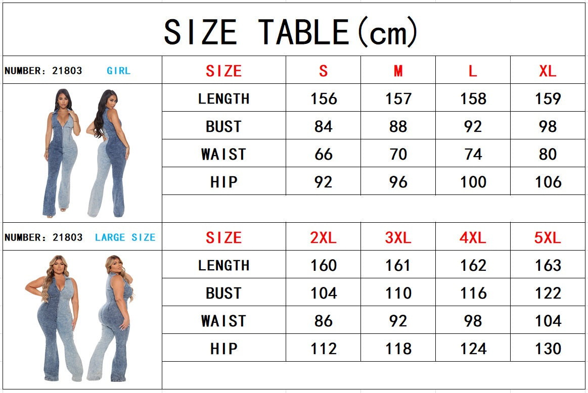 Plus Size Women's Fall Color Block Wash Sexy Denim Jumpsuit 6