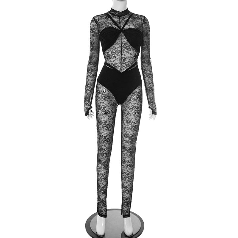 Women's Spring-Summer Lace See-Through Zipper Jumpsuit 9