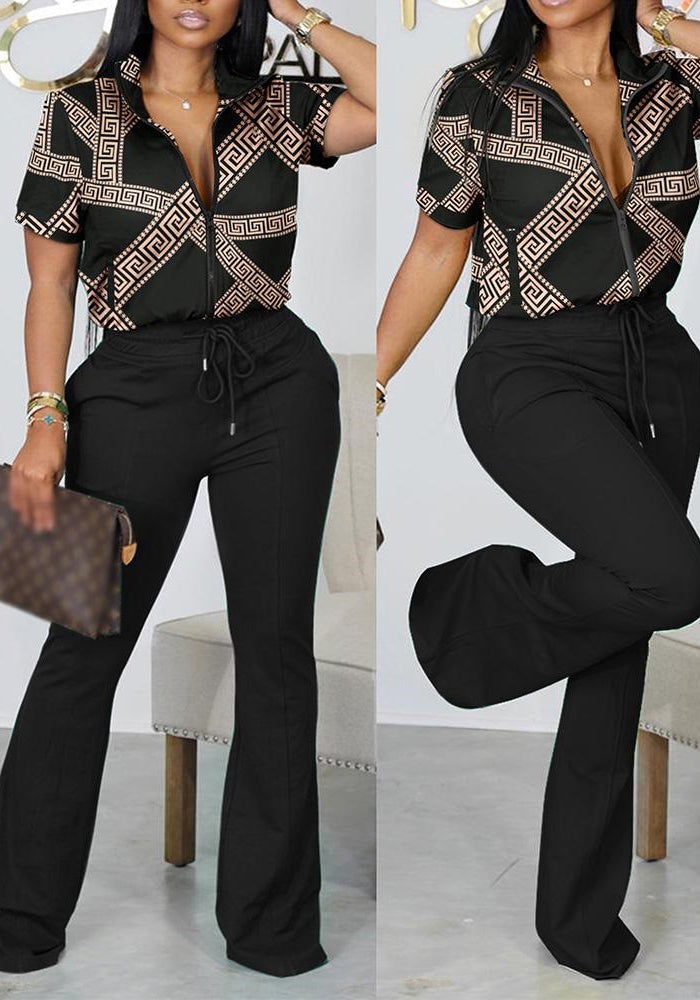 Women Spring Summer Fashion Print Zipper Top and Pant Two-Piece Set