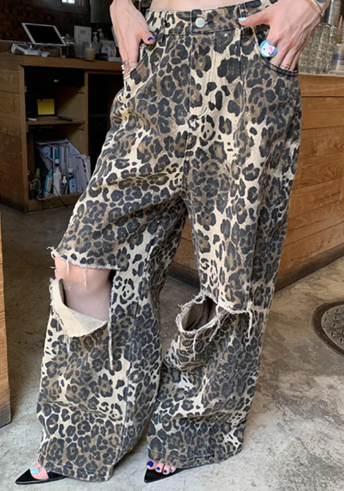 Autumn American Retro Leopard Print High Waisted Slim Fit Straight Jeans Ripped Denim Pants