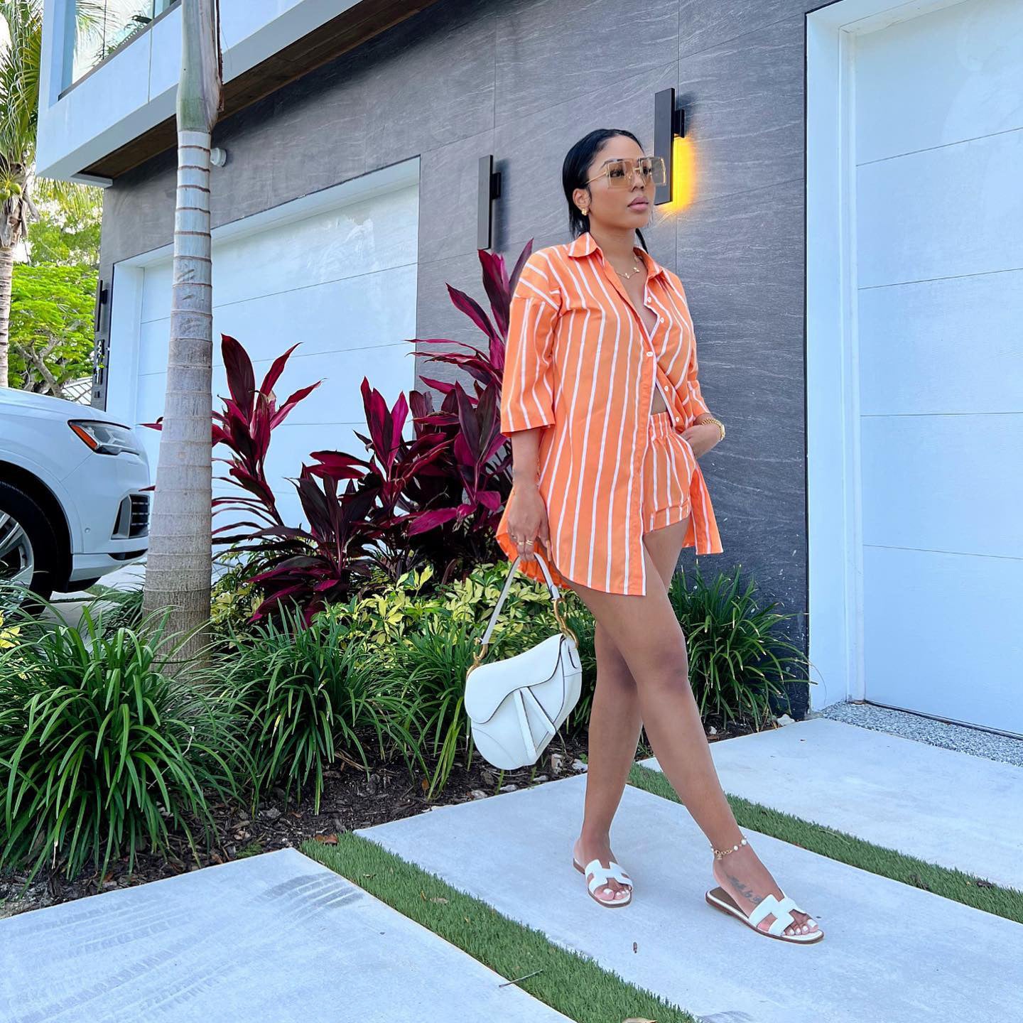 Women Casual Fashion Stripe Print Pocket Shirt and Shorts Two-Piece Set 5