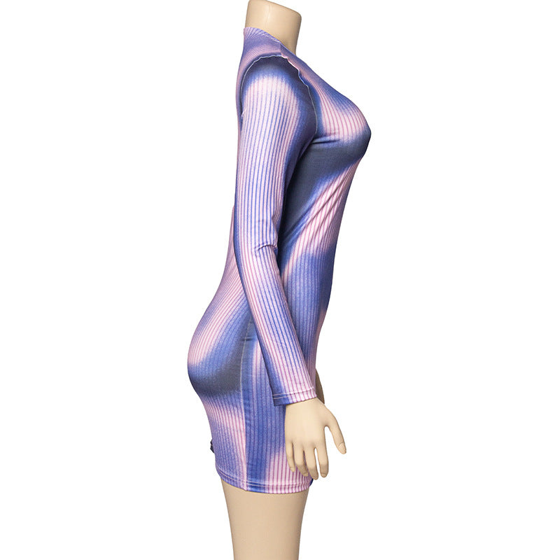 Spring Round Neck Long Sleeve Fashion Print Slim Short Dress 7