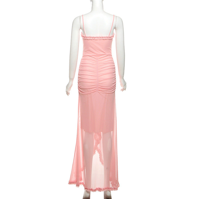 Women Sexy Backless Mesh Suspender Solid Dress 36