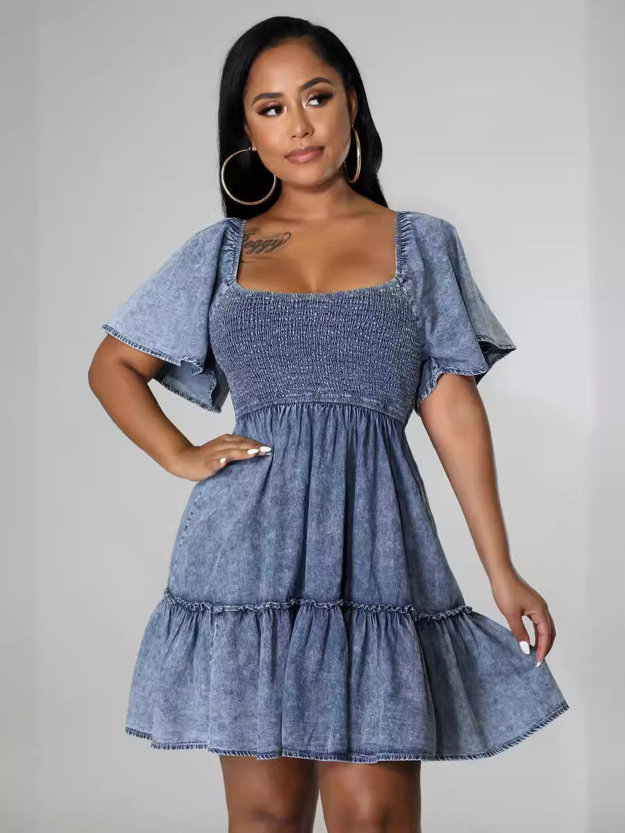 Summer Casual Off Shoulder Short-Sleeved Loose Denim Dress 5