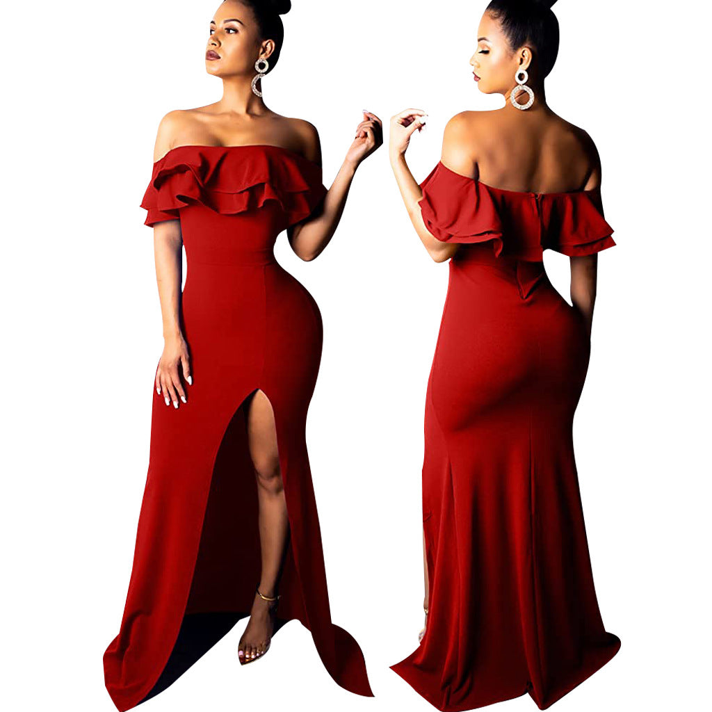 Sexy Fashion Ruffle Off Shoulder Split Dress