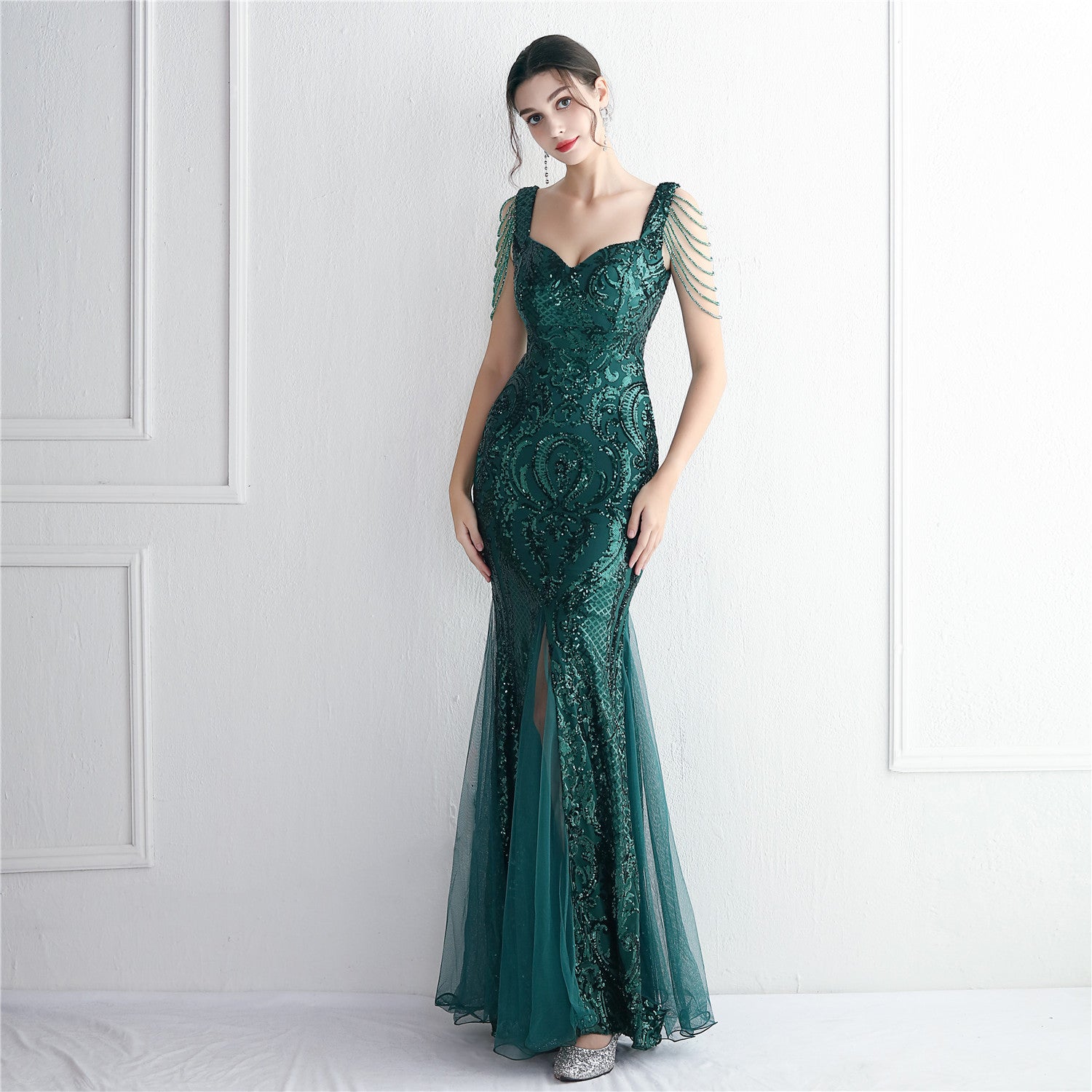 Chic Elegant Long Beaded Mesh Long Evening Dress Long Formal Party Slim Evening Dress 11