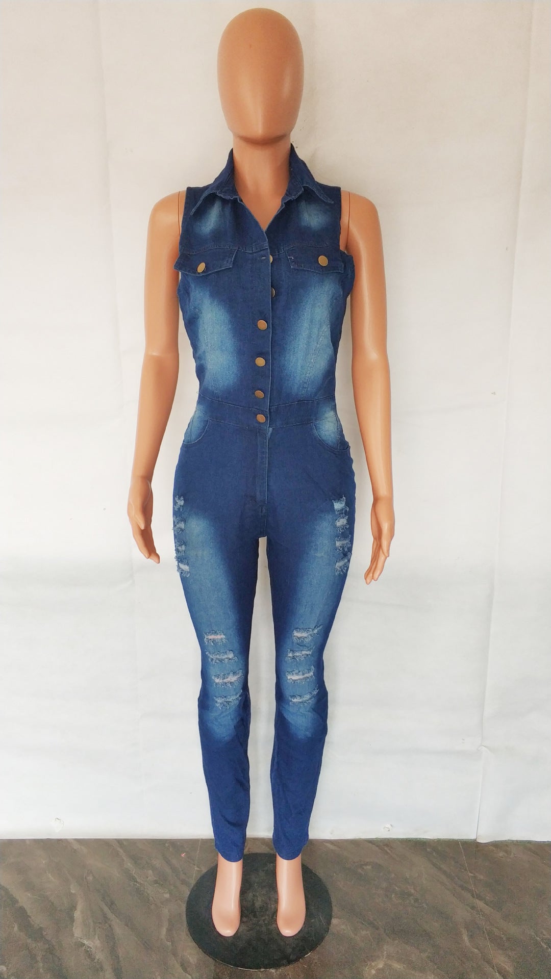 Sexy Fashion Denim Ripped Sleeveless Jumpsuit 9