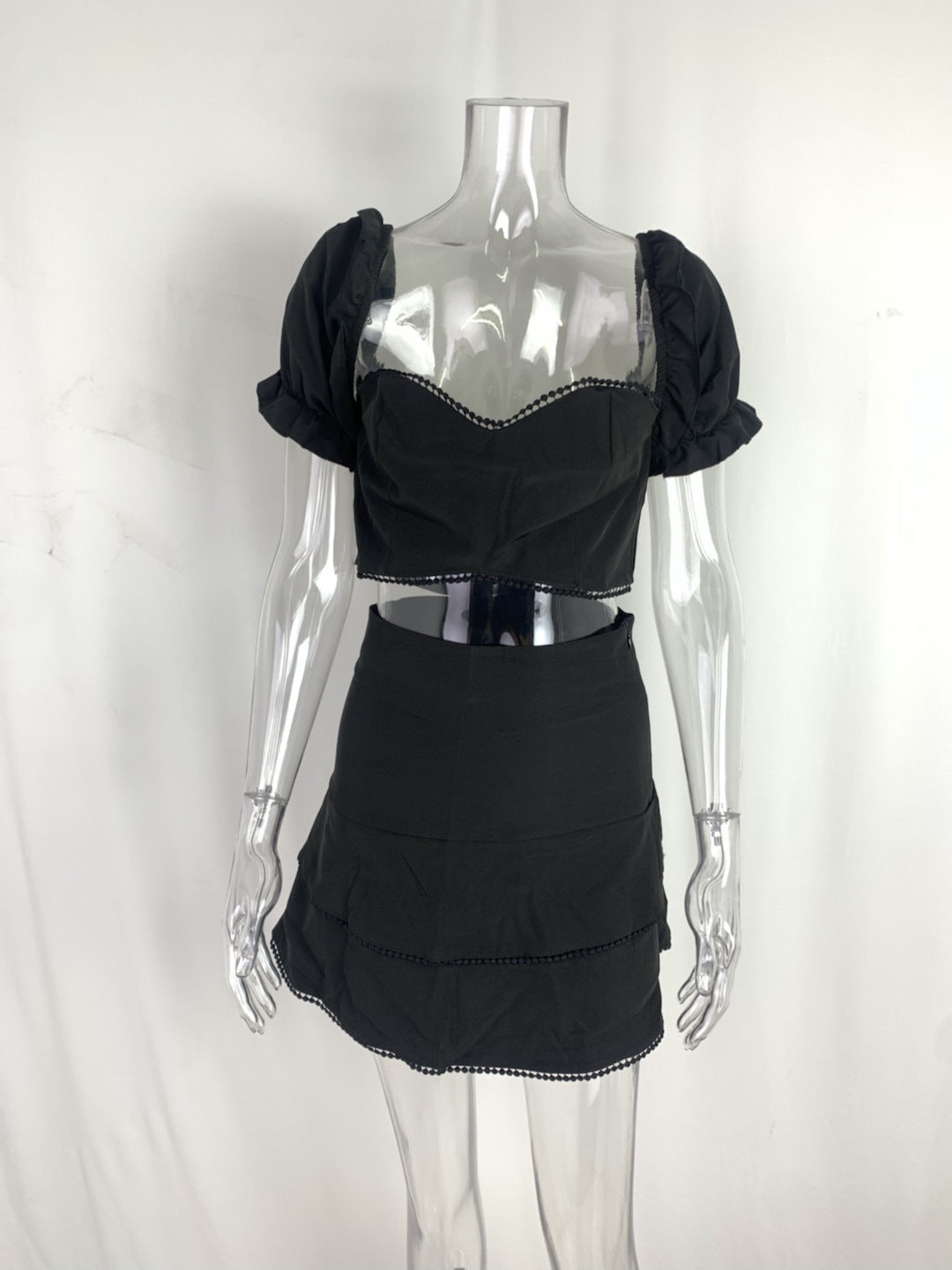 Women Sexy Printed Puff Sleeve Top and Skirt Casual Two-piece Set 11