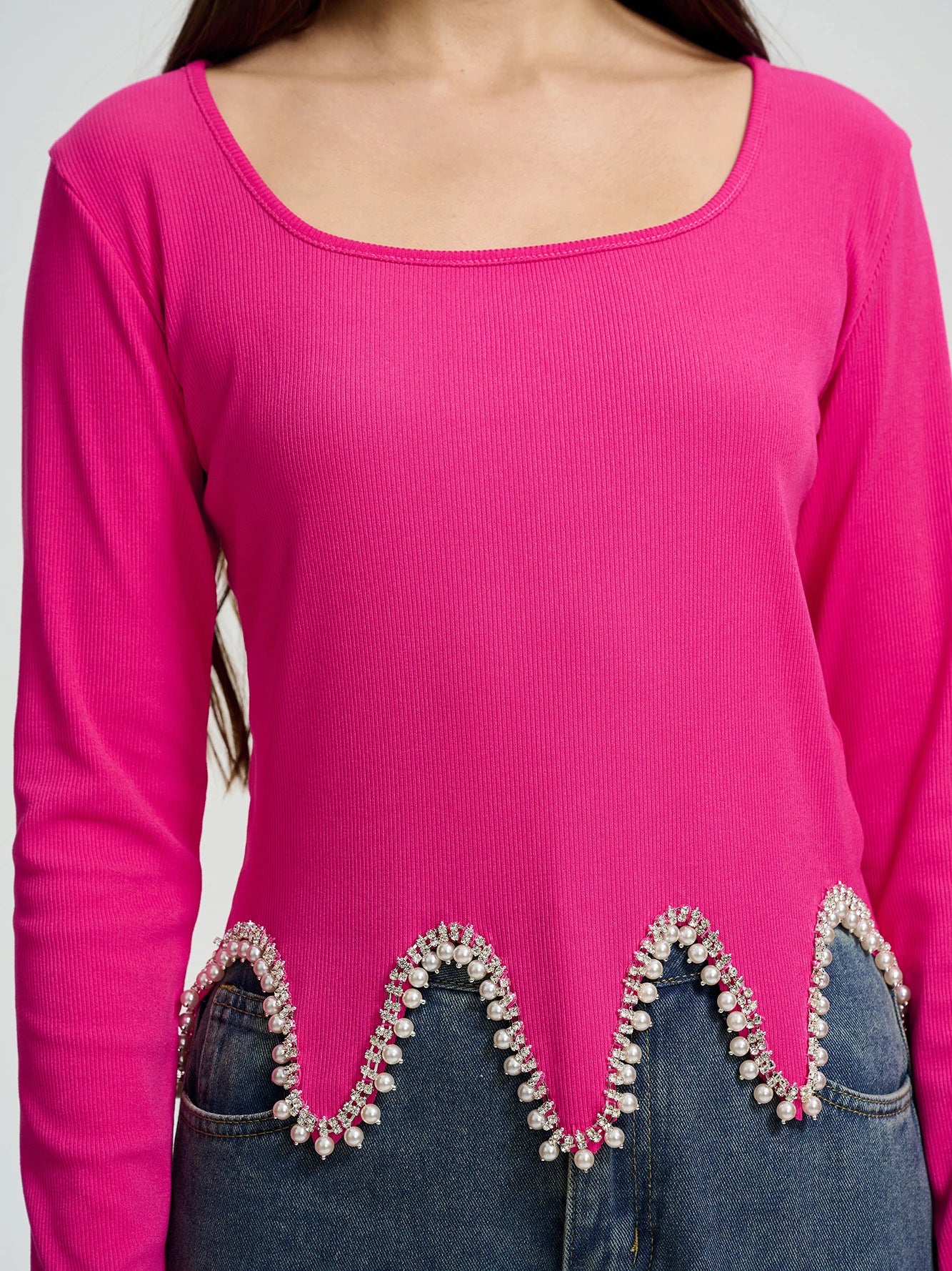 Solid Color Knitting Ribbed Long Sleeve Irregular Knitting Top 9