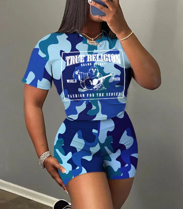 Fashionable Casual Trendy Printed Short-Sleeved Two Piece Shorts Set 4