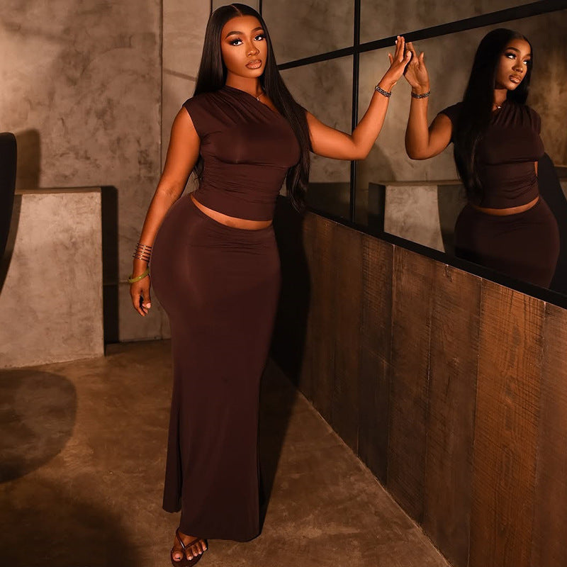 Summer solid color women Slash Shoulder Crop top high waist Bodycon skirt set 3