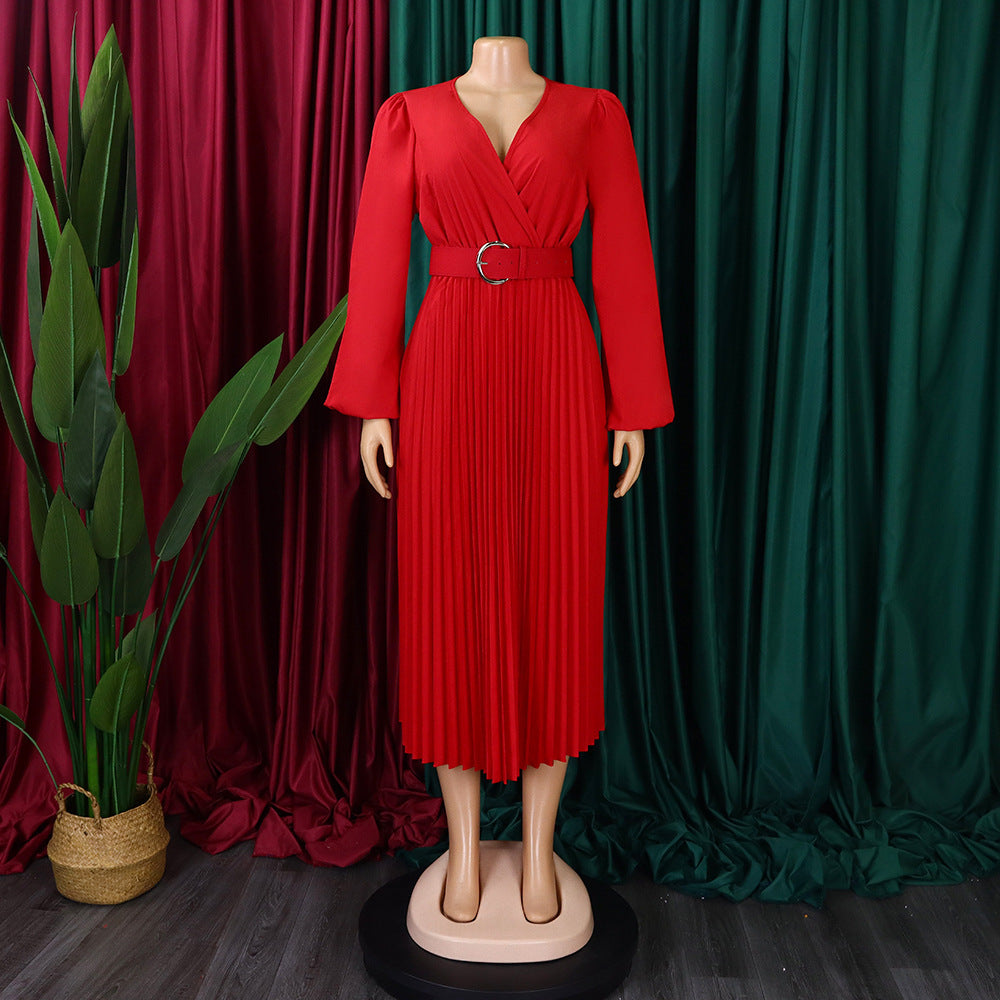 Plus Size Women Long Sleeve V-Neck Pleated Maxi Dress 21