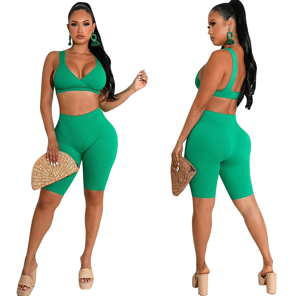 Summer fashionable beach holidays casual ribbed solid color two-piece shorts set 8