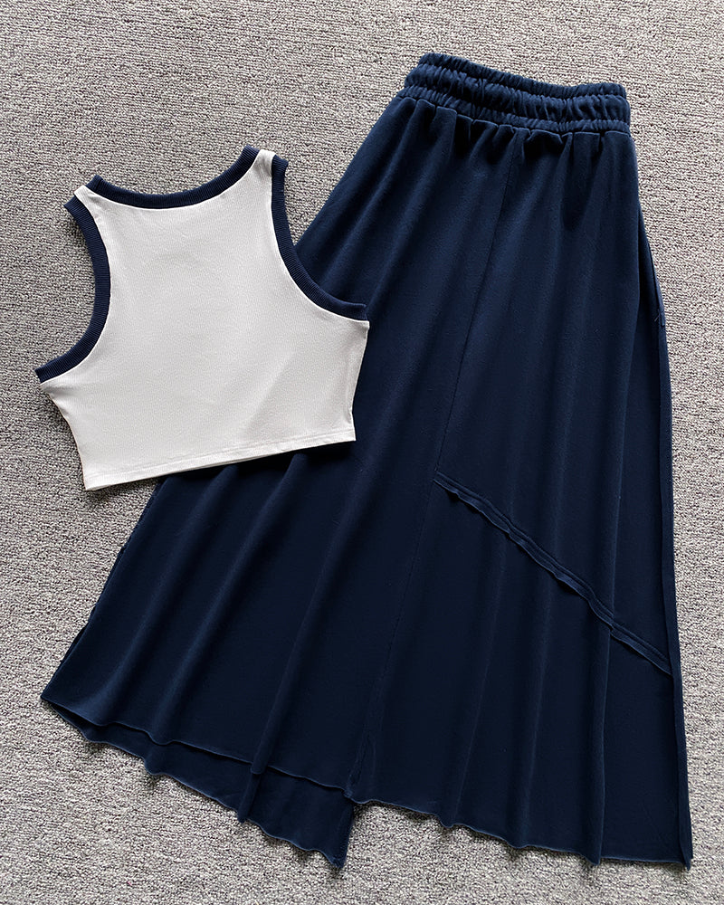 Women's Color-Blocked Tank Top + A-Line Skirt 2-Piece Set 3