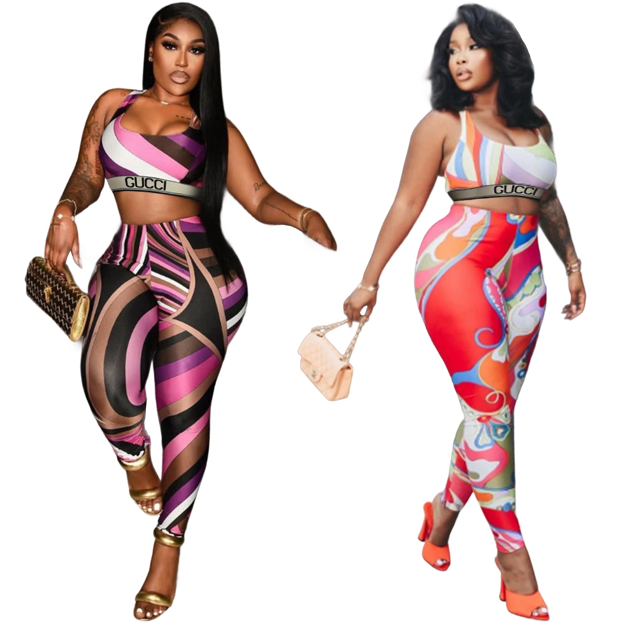 Women Printed Sexy High Stretch Crop Sleeveless Top Pants Yoga Two-piece Set 6