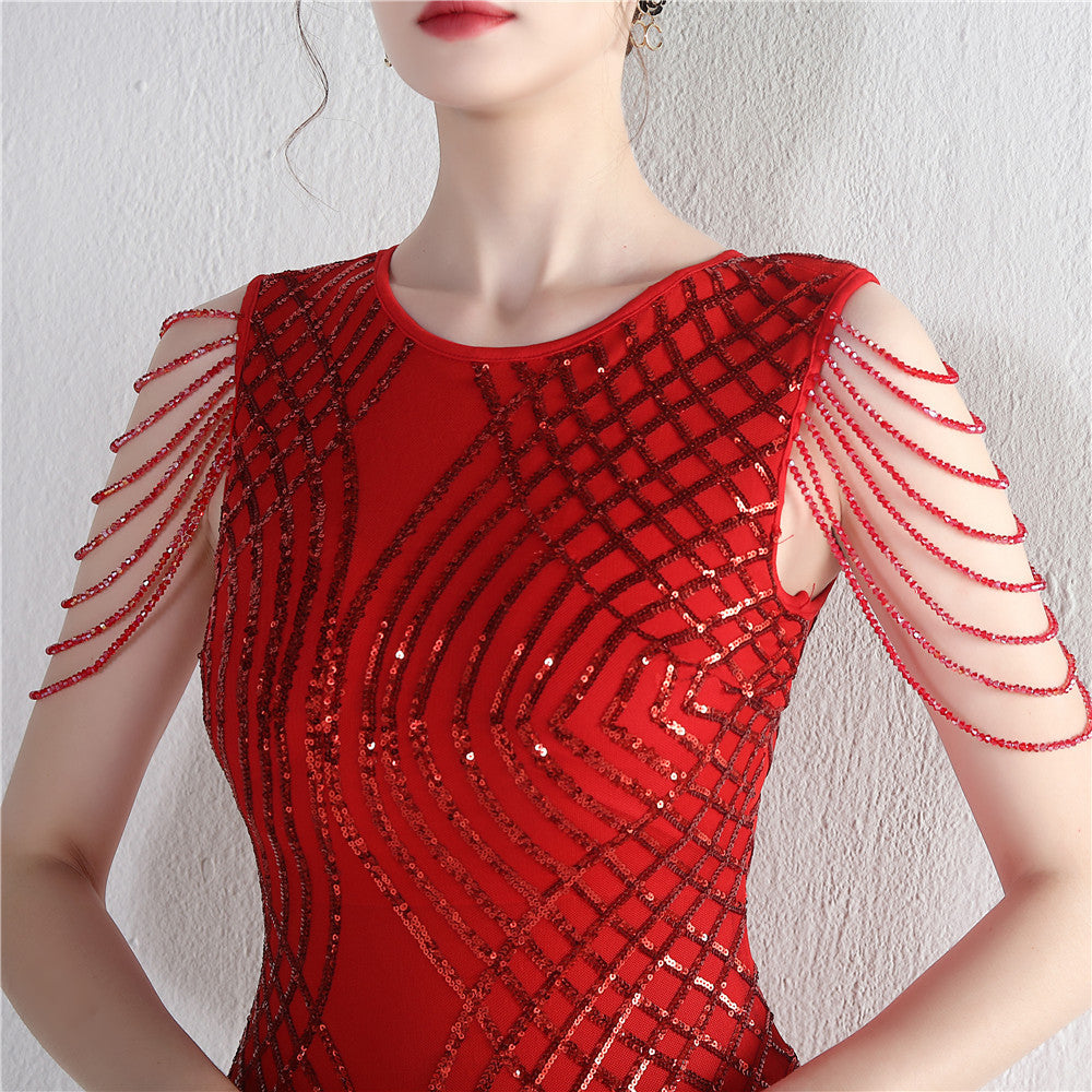 Decorative Crystal Diamond Chain Sequin Embroidery Stripe Positioning Flower Dinner Ceremony Long Evening Dress 21