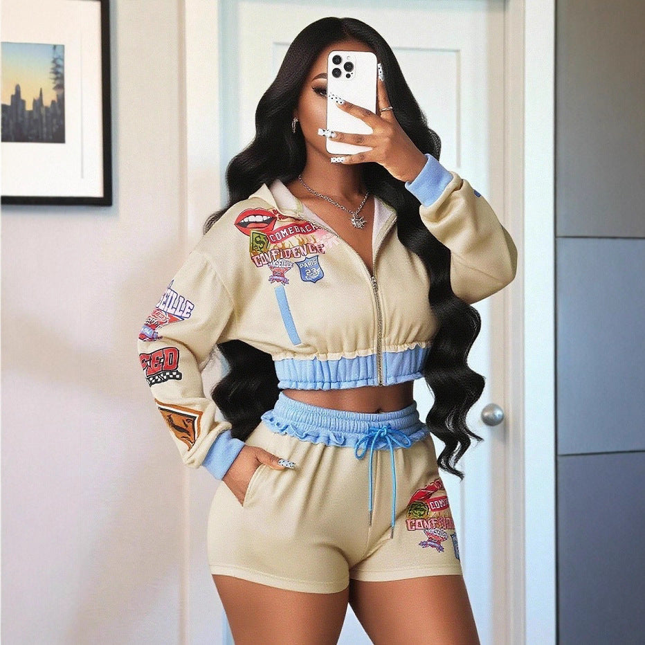 Women Contrast Sport Elegant Zippered Long-Sleeved Top and Shorts Two-Piece Set 4