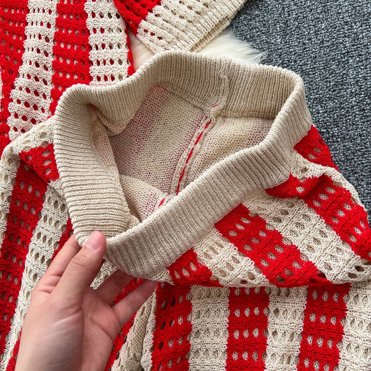 Women's Summer V-Neck Loose Knit Cardigan Top + Wide-Leg Pants Set Color-Block Striped Hollow-Out Outfit 31