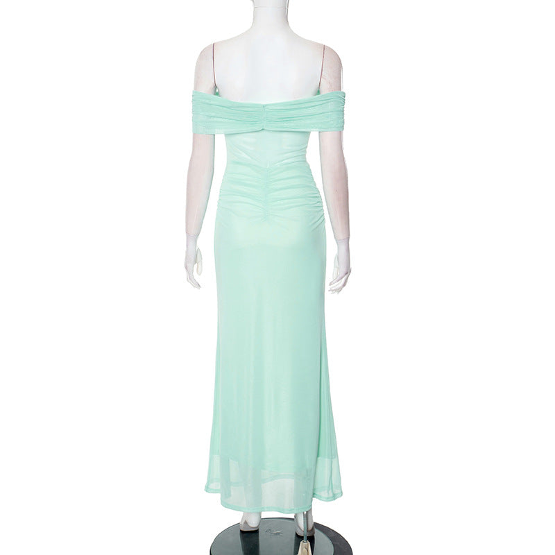 Women Solid Strapless Off-Shoulder Mesh Pleated Dress 8