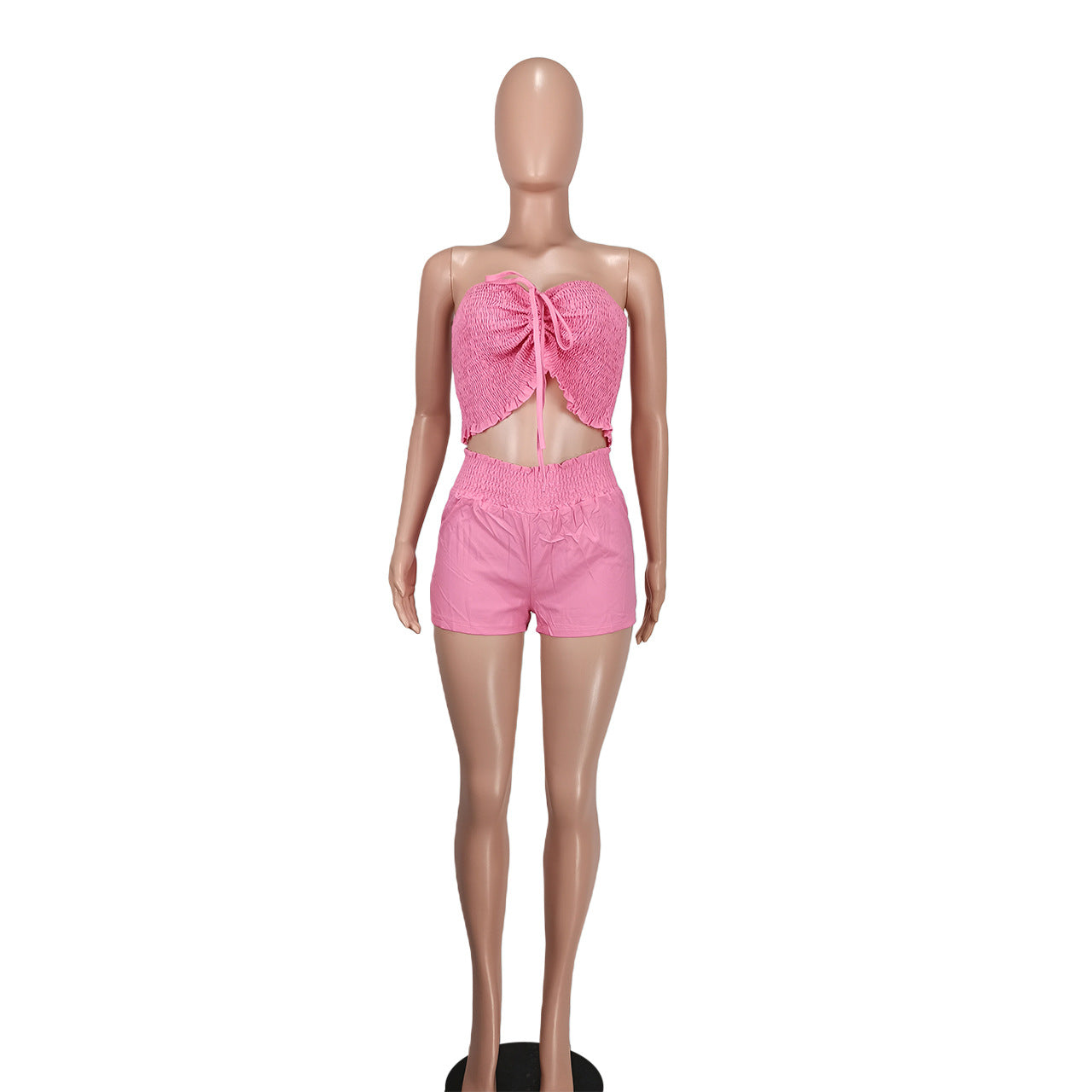 Women Sexy Off Shoulder Drawstring Crop Top and Shorts Two-Piece Set 8