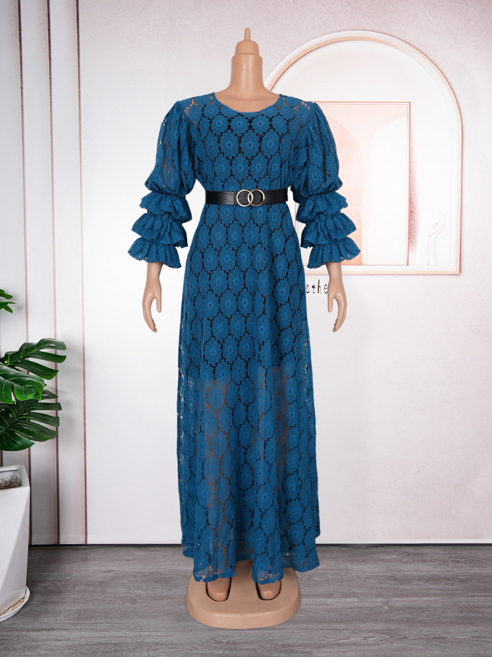 Plus Size Women African Round Neck Lace Dress 19