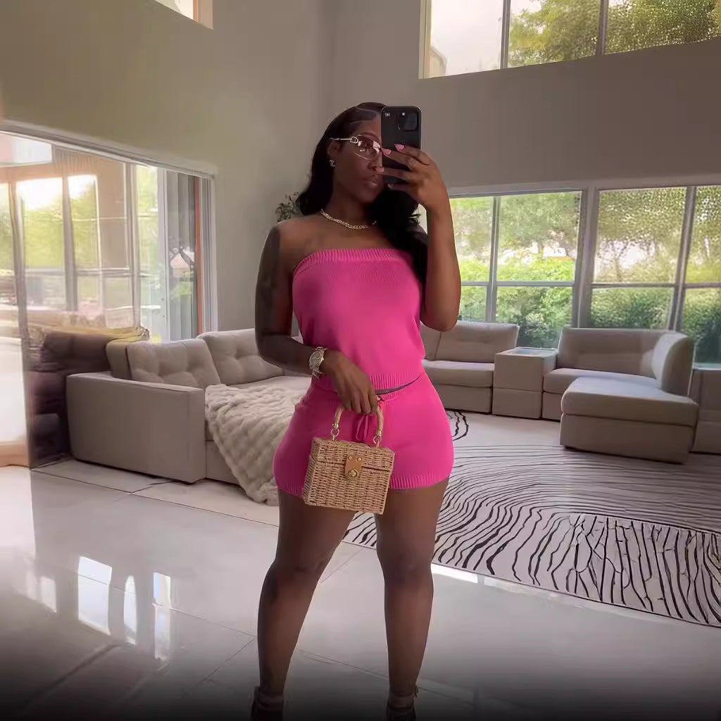 Women casual solid top and shorts two-piece 5