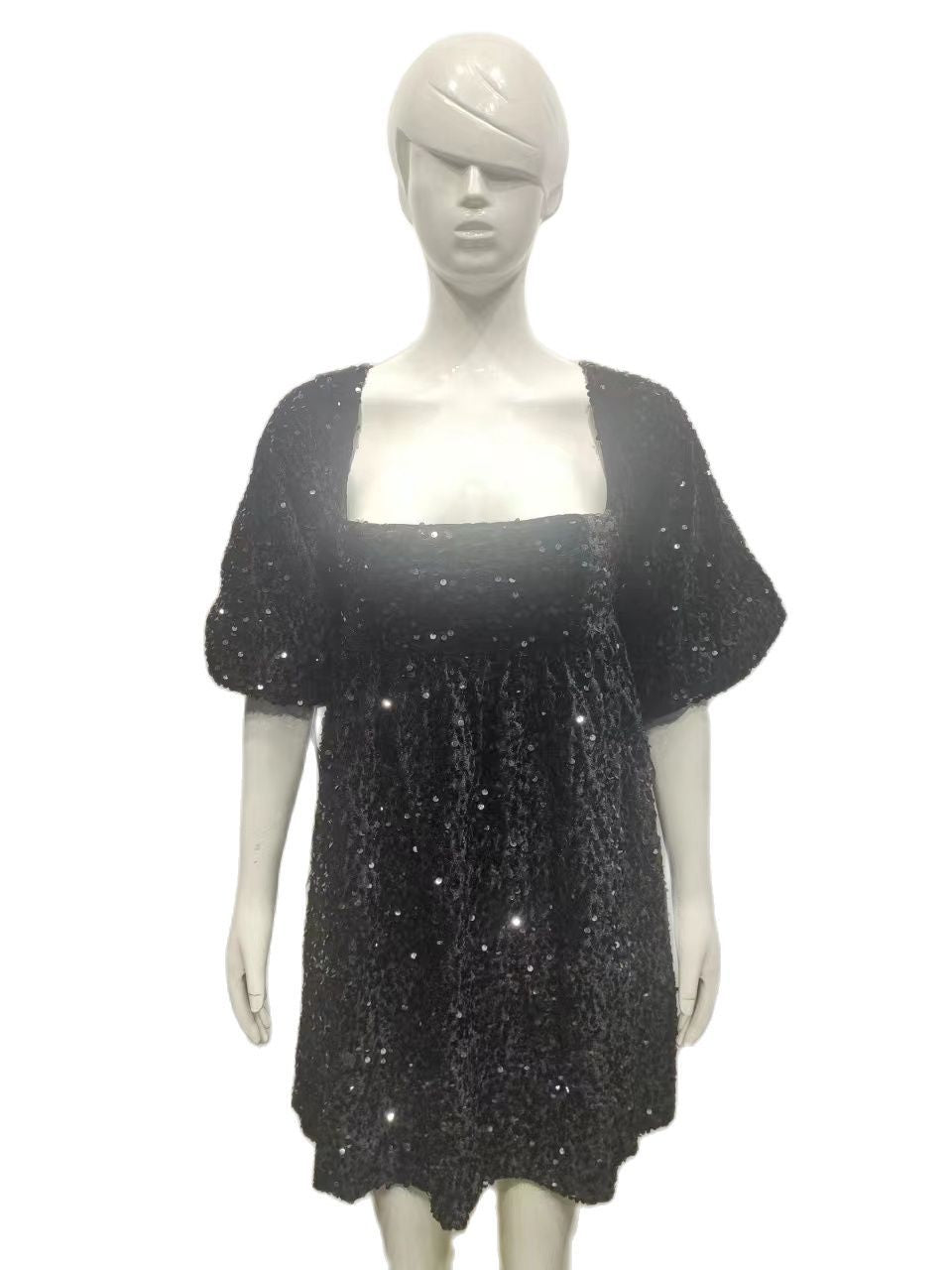 Plus Size Women Sequin Summer Casual Round Neck Short Sleeve Solid Dress 18
