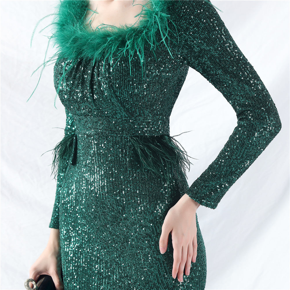 Women ostrich feather long-sleeved sequined evening dress 33