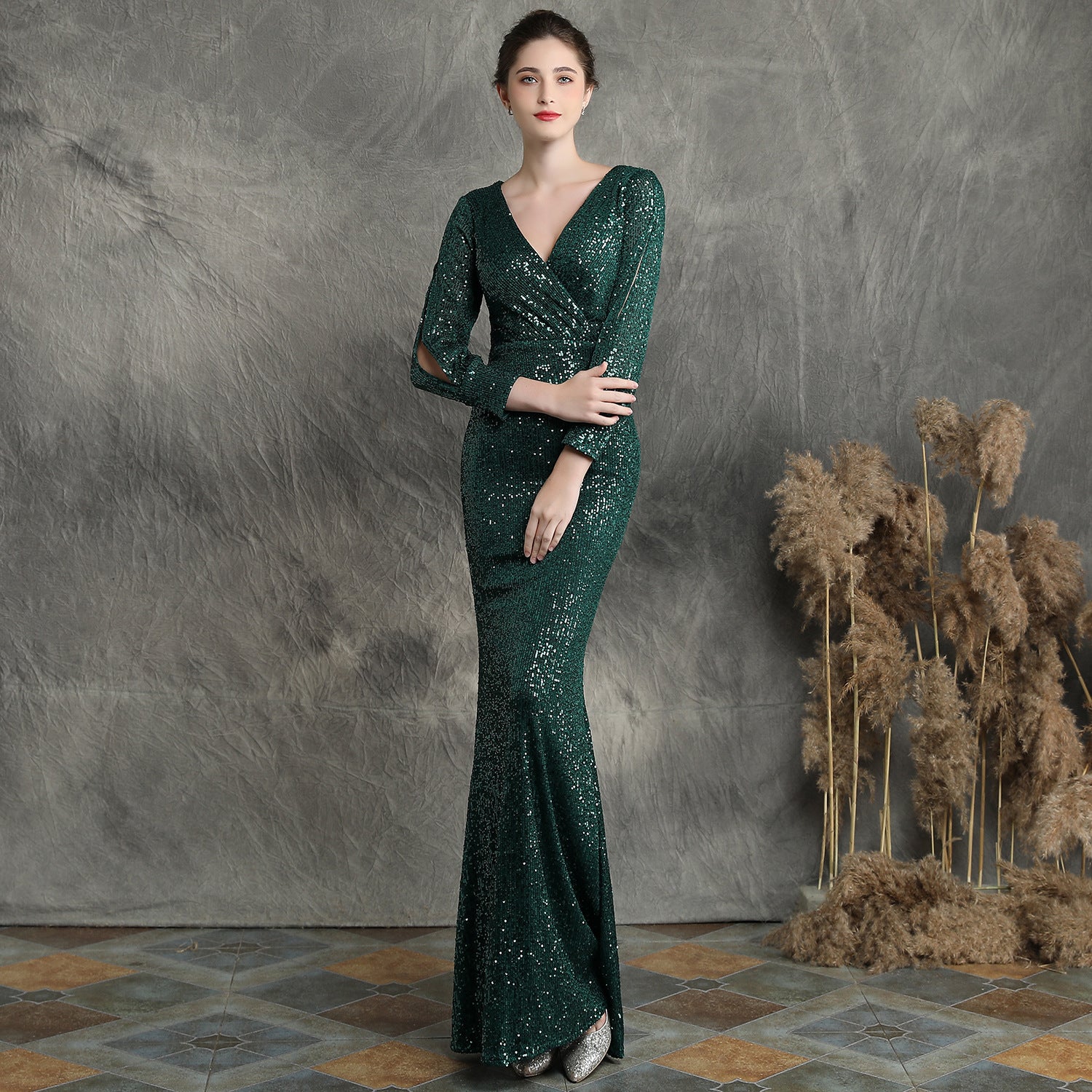 Women Formal Party Elegant Long Sleeve Sequin Fishtail Evening Dress 14