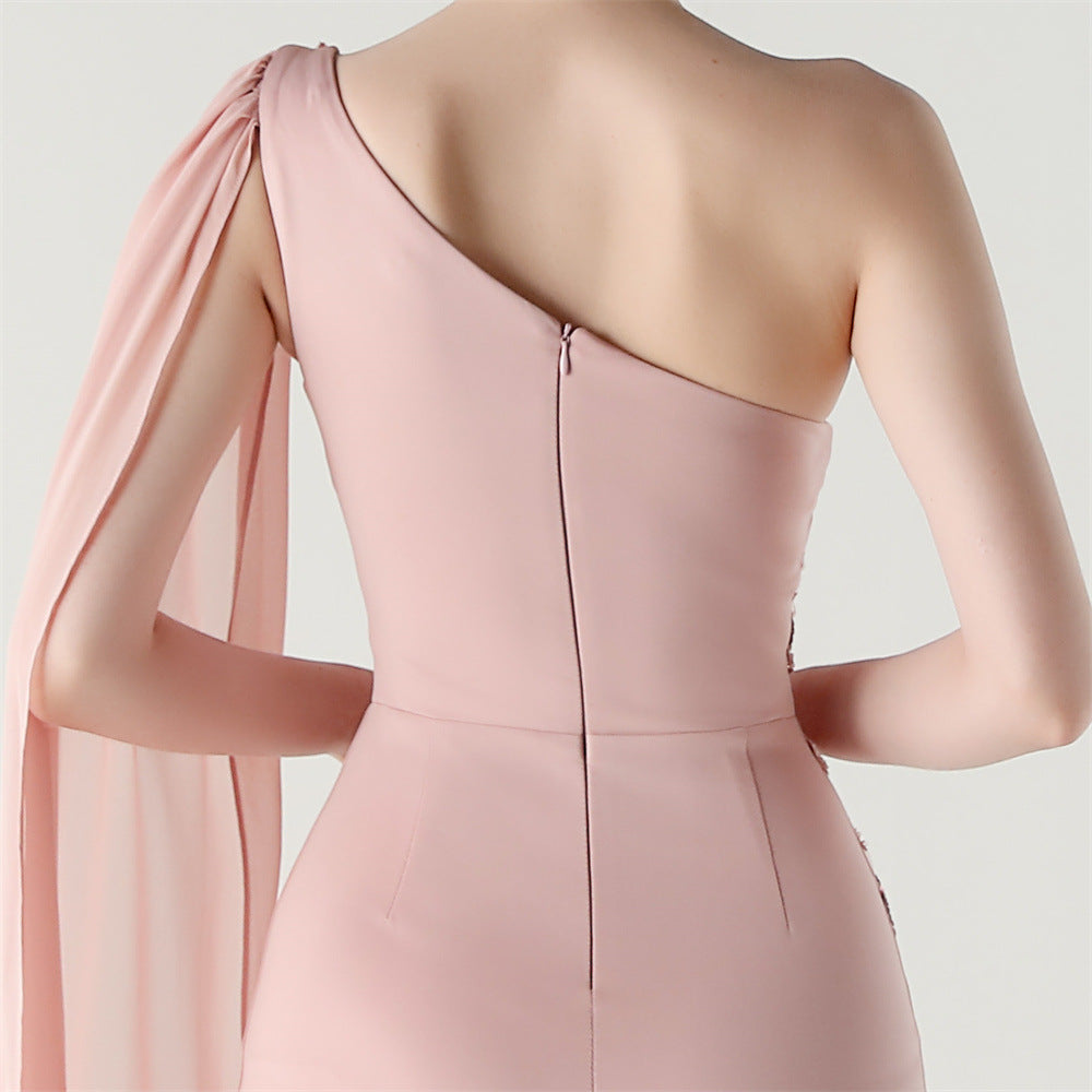 Women Tulle Shawl Beaded Tube Embroidery One Shoulder Evening Dress 30