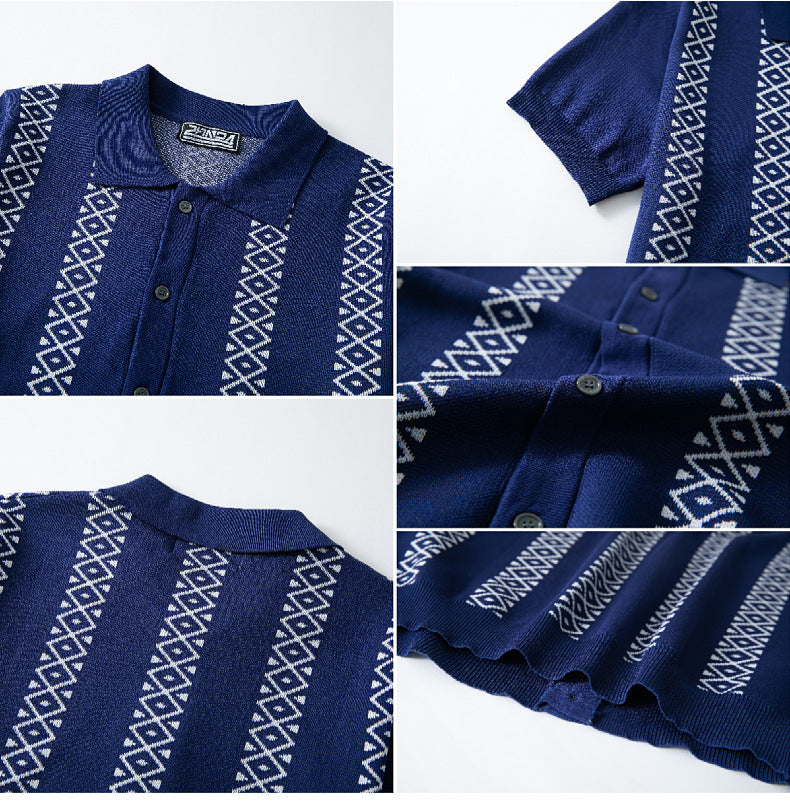 Men's Summer Striped Jacquard Knitting Short Sleeve Polo Top 16