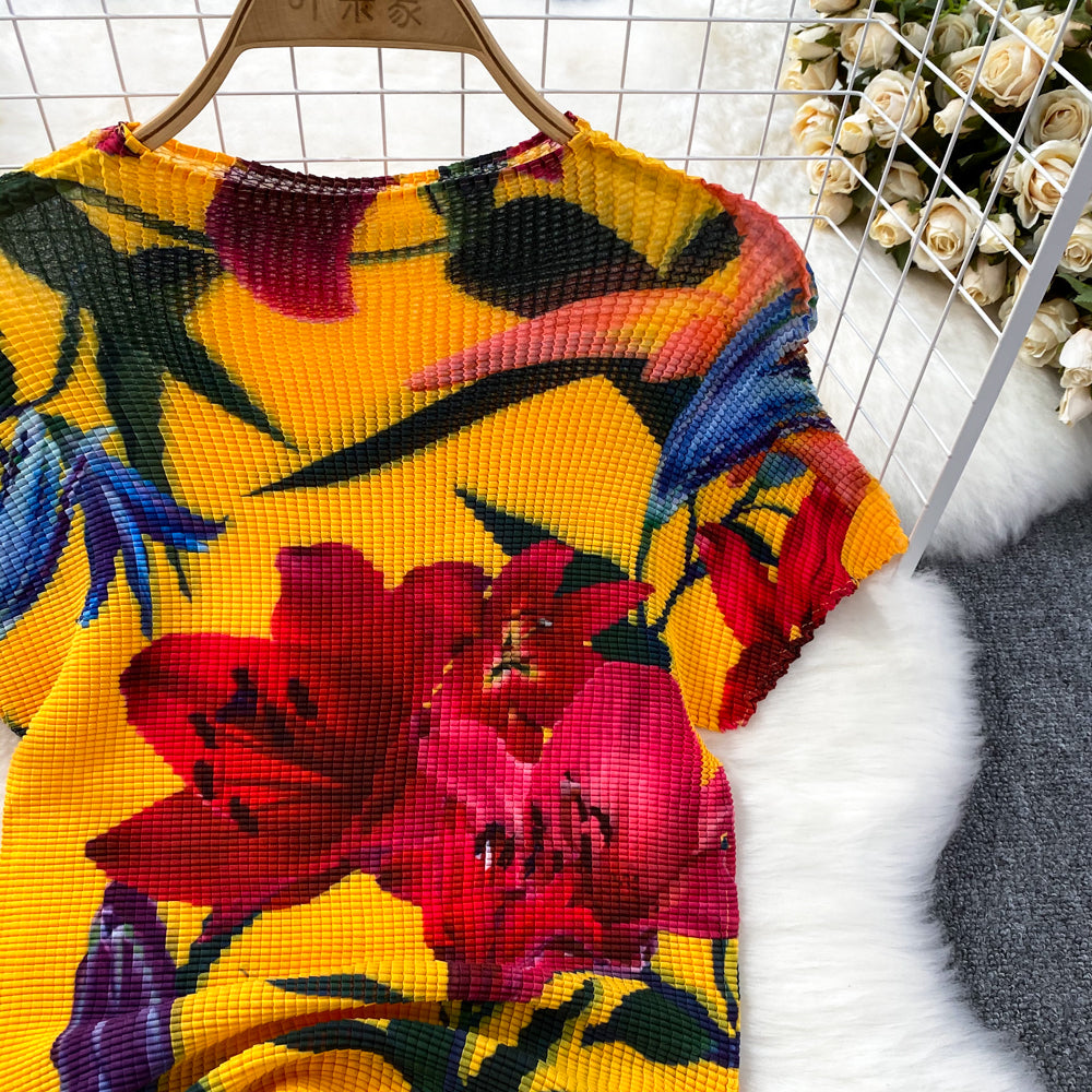 Fashion Women's Short Sleeve Printed Pleated Top High Waisted Slim Fit Wide Leg Pants Two-Piece Set 16