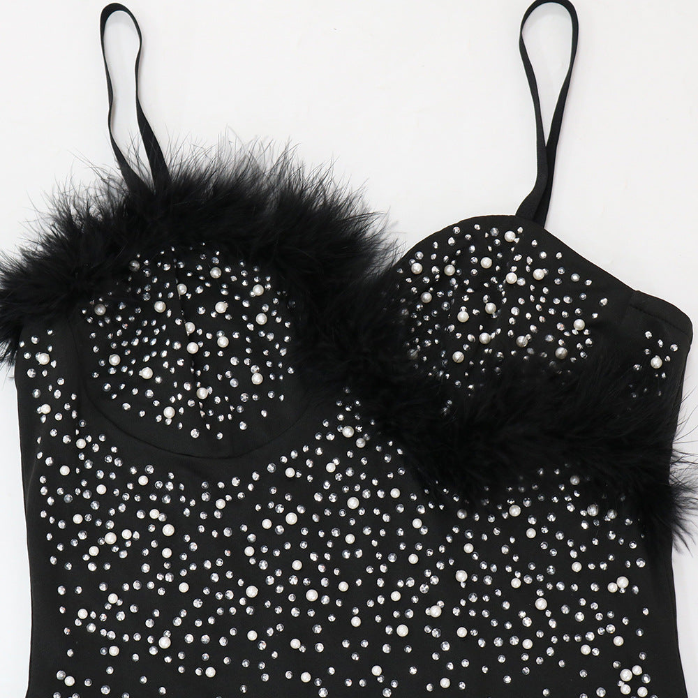 Sexy Strap Patchwork Plush Christmas Party Beaded Dress 12