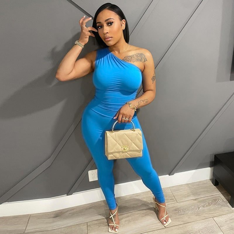 Women Spring and Summer Solid Off Shoulder Gathered Top and PantsTwo Piece Set 5