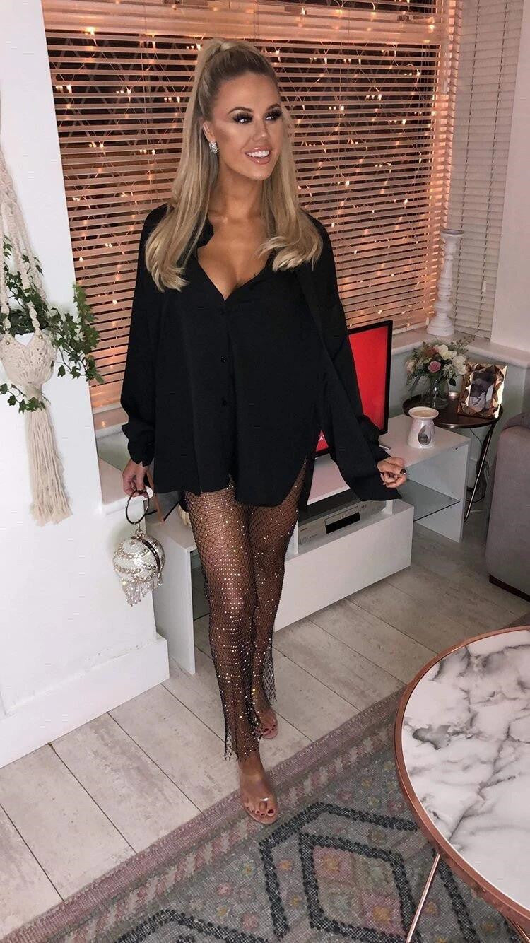 Women Sexy Rhinestone Fishnet Pants 30