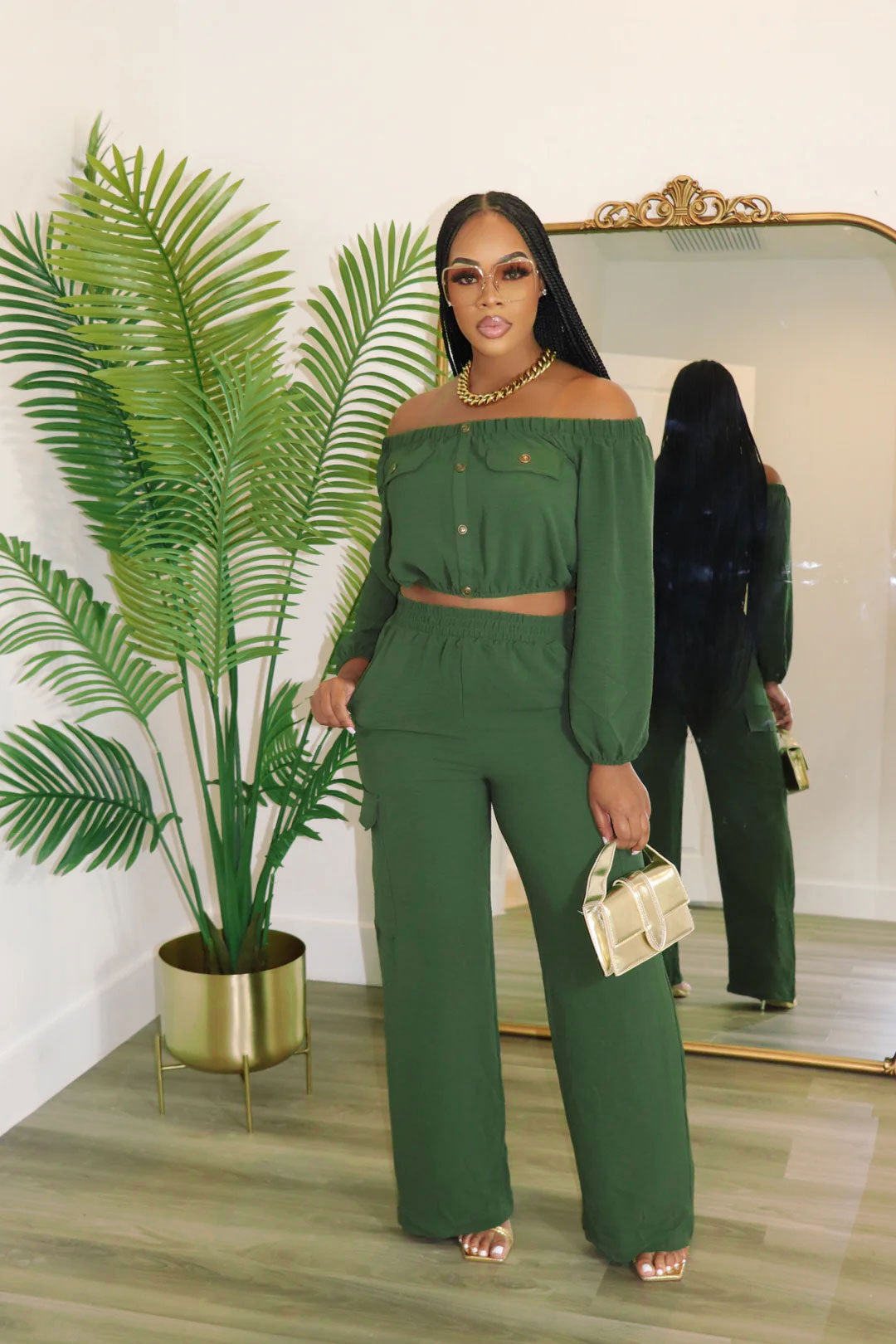 Women Solid Sexy Off Shoulder Long-sleeved Top and Wide-leg Pants Two-piece Set
