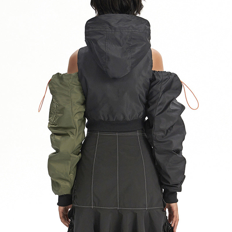 American Retro Hooded Cutout Jacket Autumn Trend Style Patchwork Drawstring Short Bomber Jacket 5